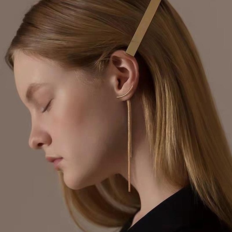 Vintage Gold Color Arc Bar Long Thread Tassel Drop Earrings for Women Geometric Jewelry Accessories