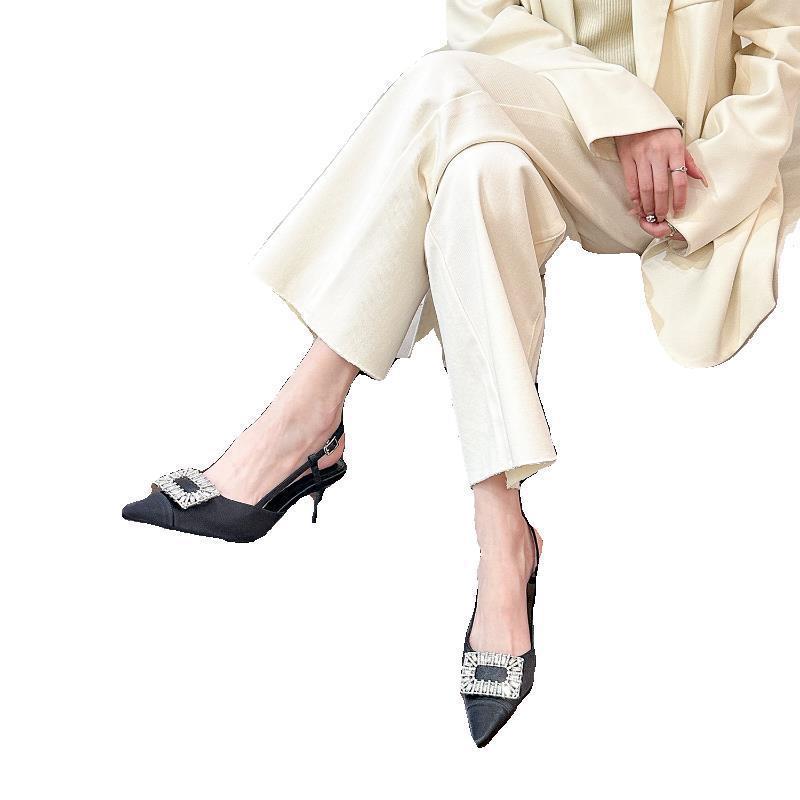 Pinke spitze Strass-High Heels Damen Frühling 2025 neu Satin Stiletto hinten leer leichte Mundsandalen