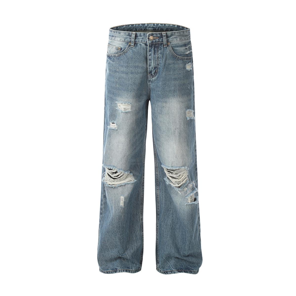 Tide brand American washed erosive ripped blue jeans straight men s tide vibe trousers S