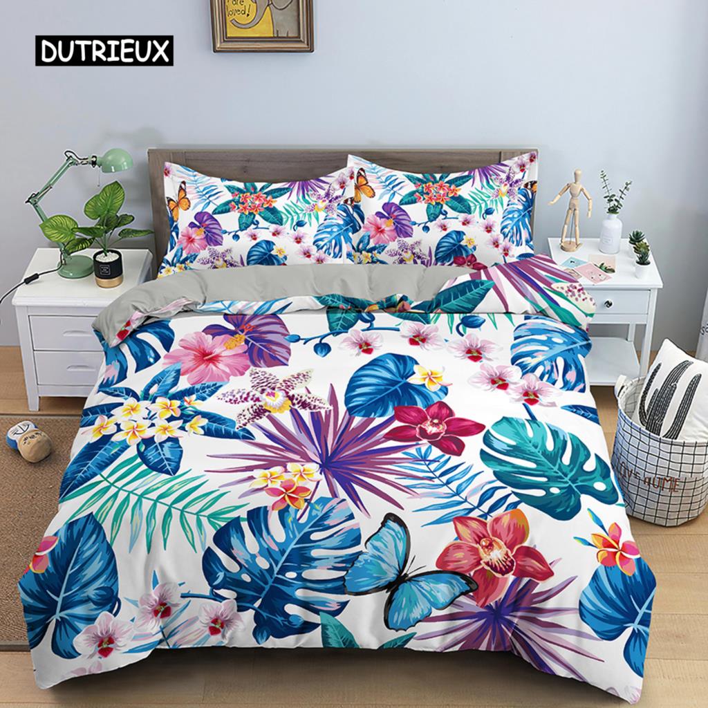 Tropical Plant Bed Linen Collection Green Leaves Quilt Cover with Zipper Closure Comforter Cover Queen Size King Dimension Full Polyester Fabric Quilt