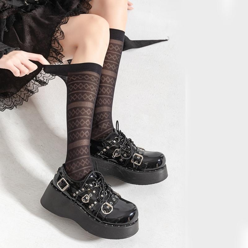 Women Elegant Thin Sheer Solid Color Silk Over Calf Socks Japanese Style Geometric Striped Pattern Knee Length Stockings