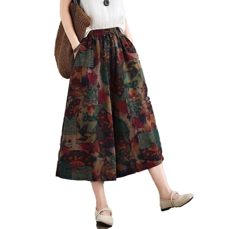 Ethnic Style Floral Wide Leg Pants Summer Plus Size Women's Loose Casual Seven Quarter Straight Leg Pants