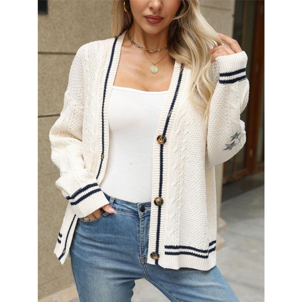 Autumn Winter Loose Knitted Cardigans Coat Women Star Embroidery Sweaters Streetwear Vintage Casual Single Breasted Long Sleeve Top