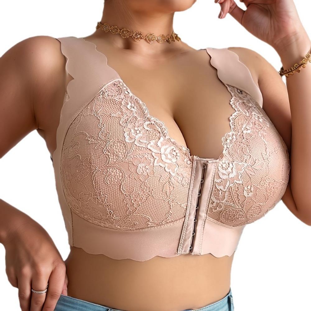 Plus Size Elegant Bra, Women's Contrast Lace Front Closure Scalloped Trim Bralette