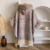 Womens Winter Plaid Oversized Cape Coat With Faux Fur Collar Warm Thickened Fleece Lined Hooded Outerwear