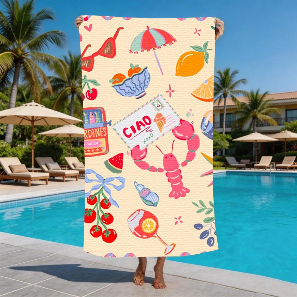 Colorful Coastal Town Watercolor Print Beach Towel Anti Sand Microfiber Pool Towel Summer Beach Swim Summer Pool Side Gear