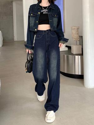 Jean Droit Taille Haute Bleu Coupe Ample Délavé Taille Haute Jambes Larges Jeans Denim pour Femmes & Vêtements