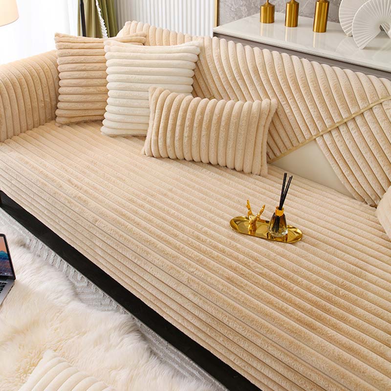 Vinter Varm Stripe Tykke Immitasjon Kaninpels Plysj Sofatrekk Sklisikker Sofa Pute Sklitrekk Håndkle Stue Sofa Teppe L-formet Sofa Cove