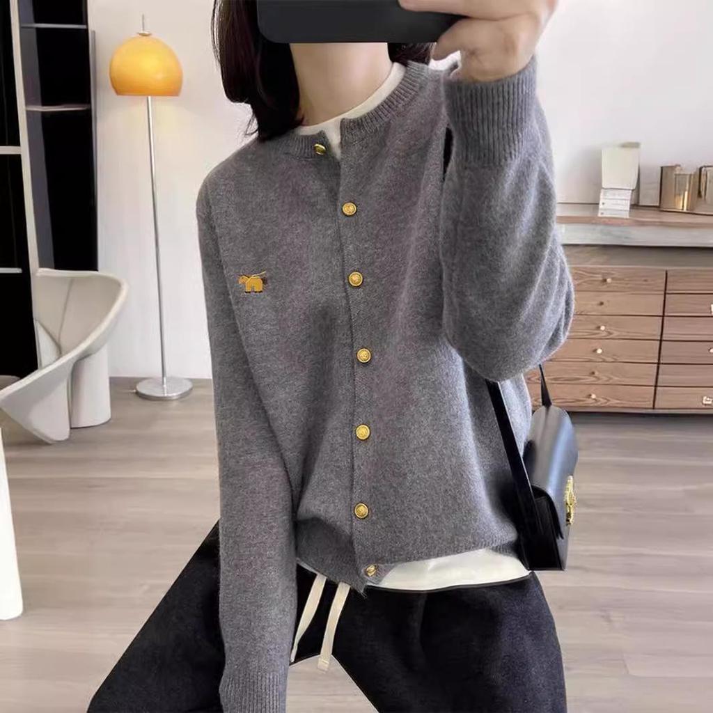 2024 Spring Women's Wool Cardigan - Round Neck with Little Horse Embroidery.