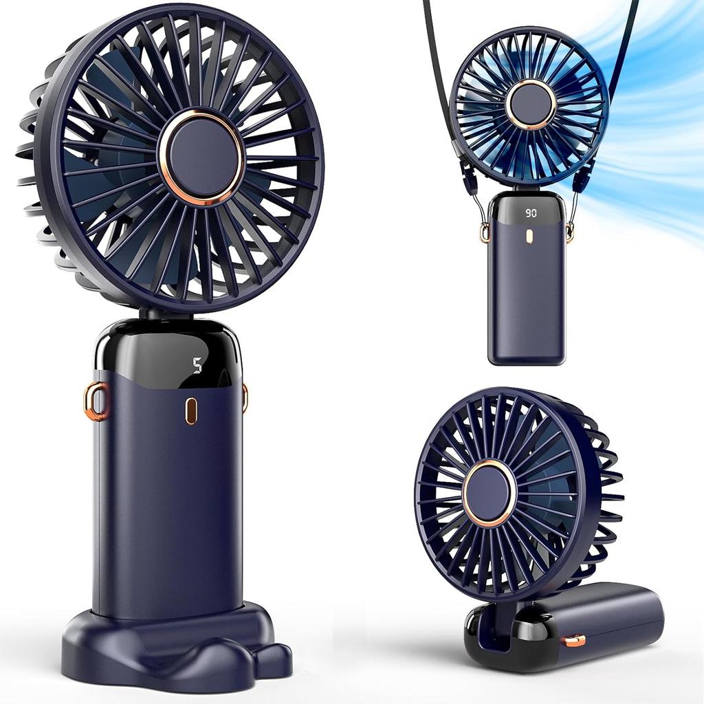 Portable Handheld Fan, Battery Operated Fan with Base, Digital Display, 5 Speeds, Rechargeable Mini Fan for Outdoor Indoor