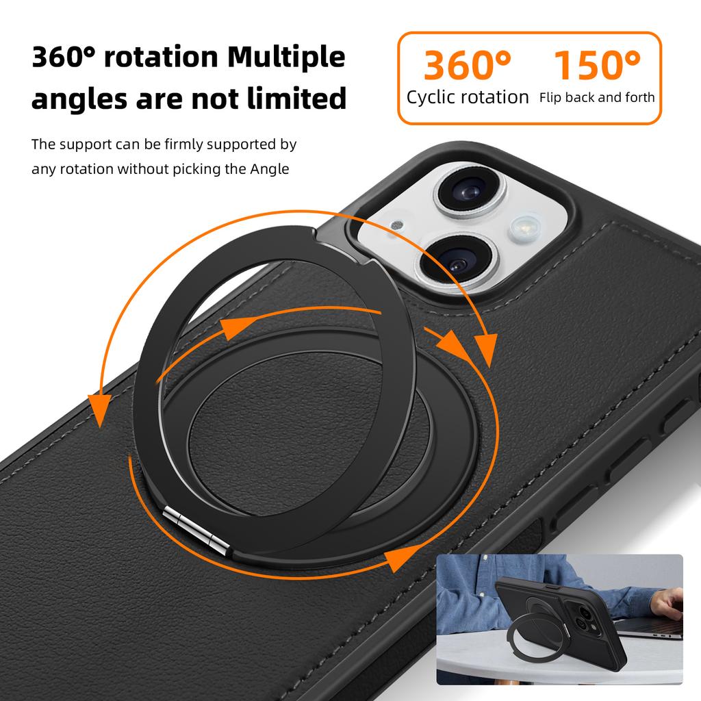 Etui do iPhone 14 Plus z pierścieniem i podstawką, kompatybilne z MagSafe, tylna okładka ze skóry PU