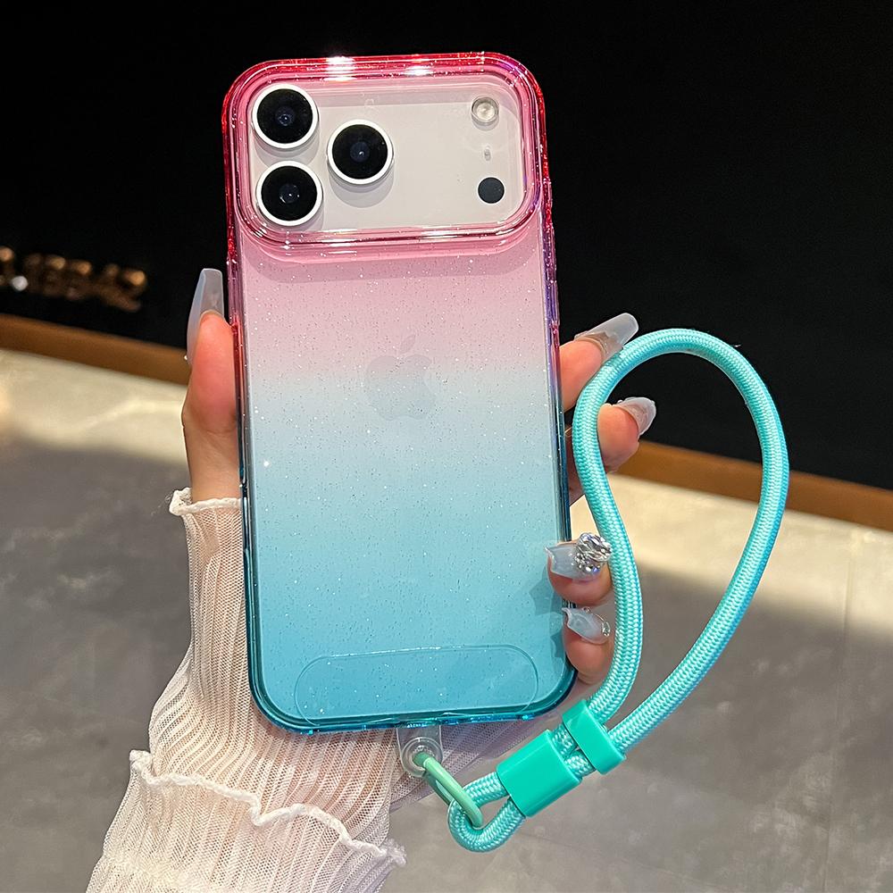 For iPhone 17 Pro Case Glitter Dual Color PC + TPU Clear Phone Cover with Hand Strap F