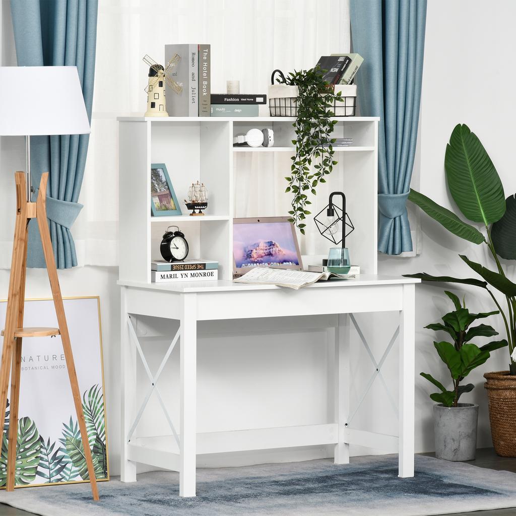 Bureau avec Rangement Bibliothèque Moderne en Bois Bureau avec Étagères et Grand Plateau pour Petits Espaces Maison Chambre à Coucher, 105 x 50 x 137,5 cm, Blanc