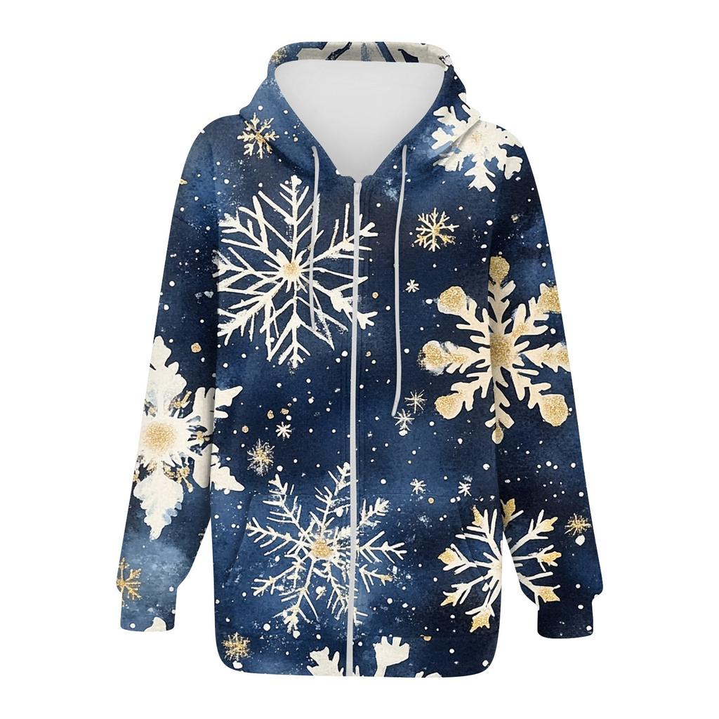 Women's Christmas Printed Sweatshirt  Winter Long Sleeve Cardigan Jacket With Pockets Zipper Hoodie Outerwear