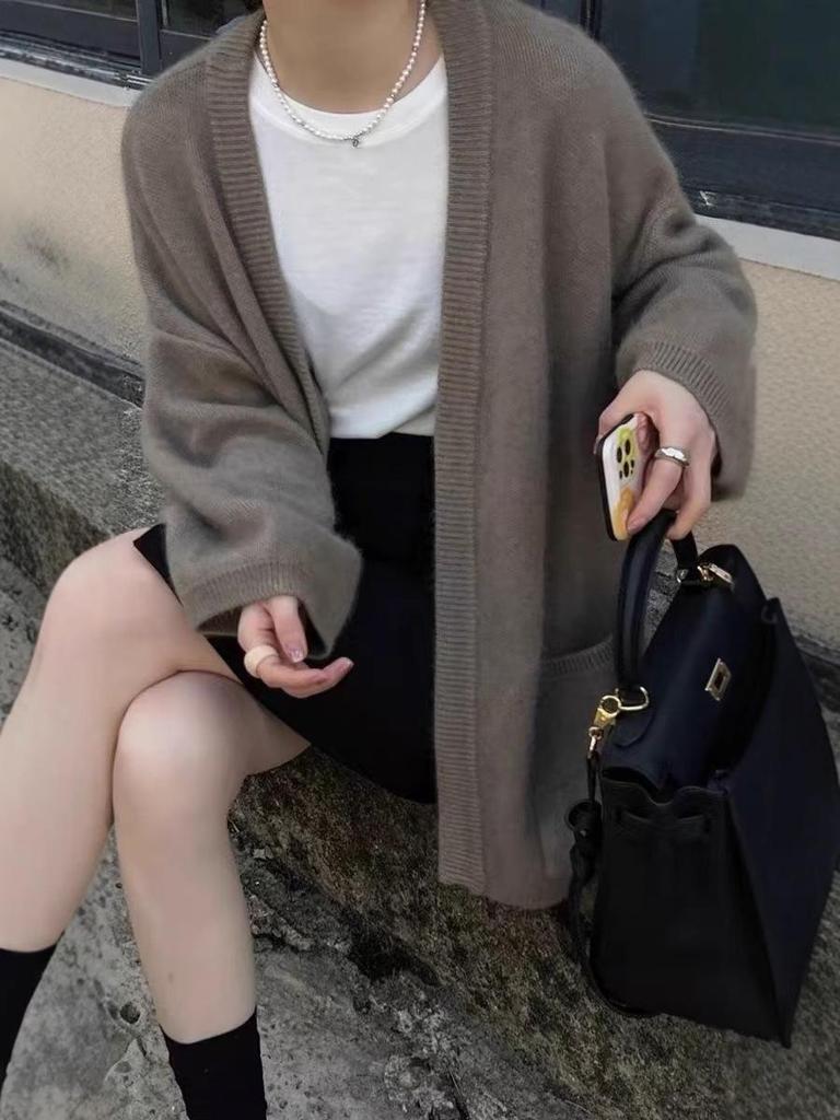 Women's Mid-Length 100% Wool Thick Cardigan - Elegant, Versatile, Loose Fit Cashmere Knitwear