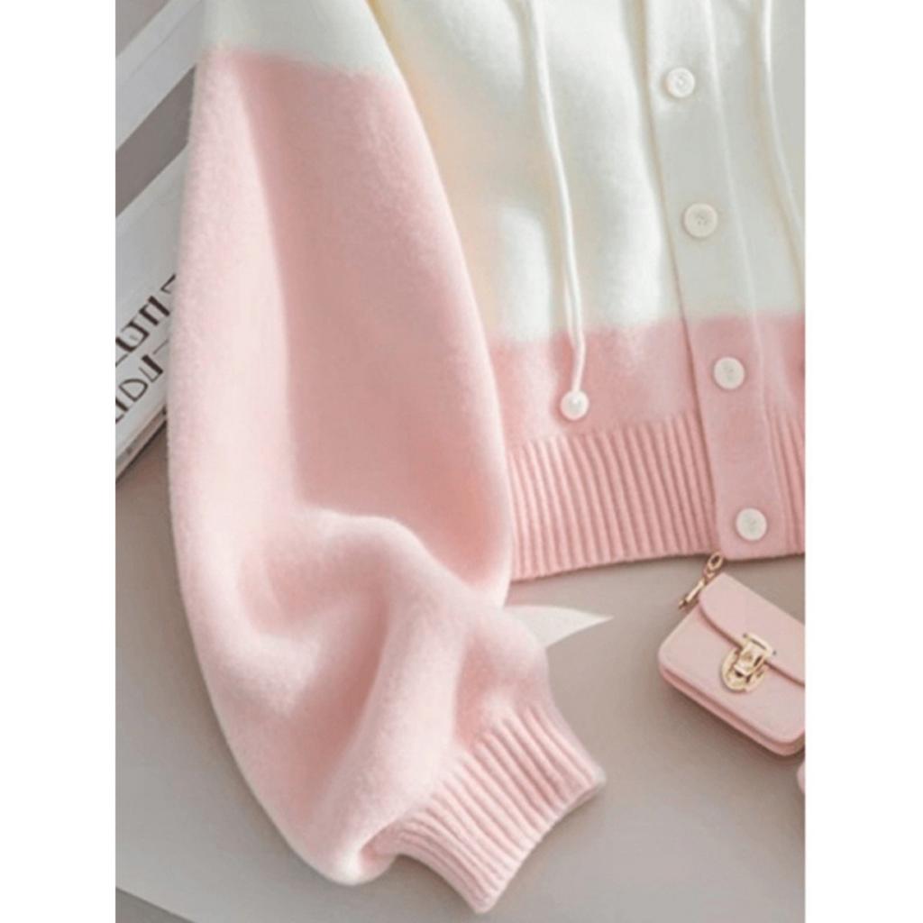 Korean Pink Patchwork Hooded Knitted Sweater, Women's New Lazy and High-end Knitted Top