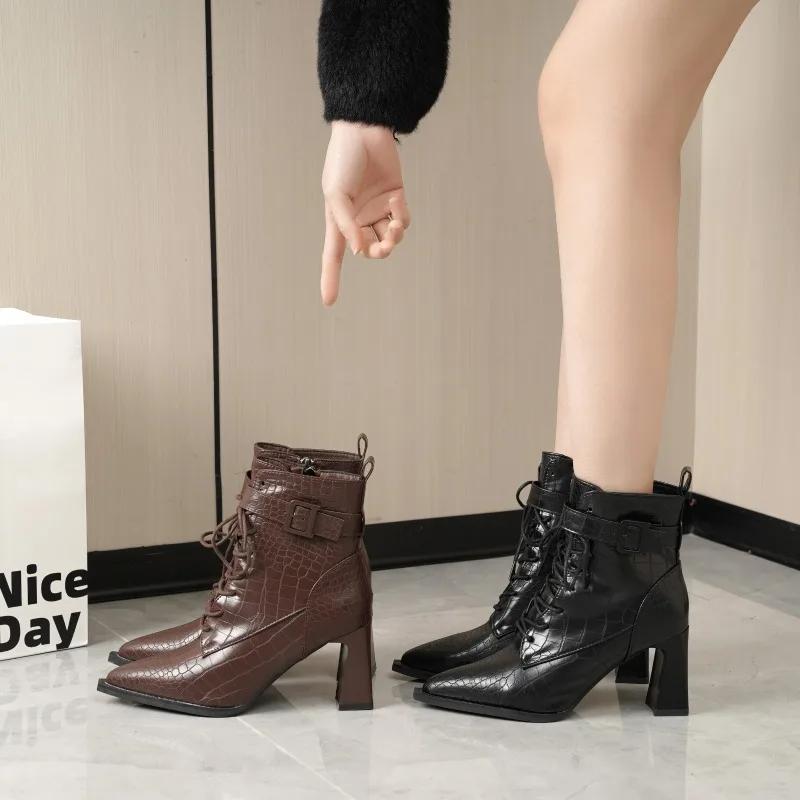 Shoes Female 2024 Fashion Hot  Ankle Women's Boots Modern Boots Women Sewing Buckle Pointed Toe High Heels Side Zip Ladies Shoes