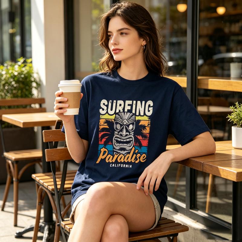 Surfing Paradise California Tiki Mask Palm Tree Vintage Graphic T Shirt Unisex Unisex Cotton Short Sleeve Tee Beach Surf Casual