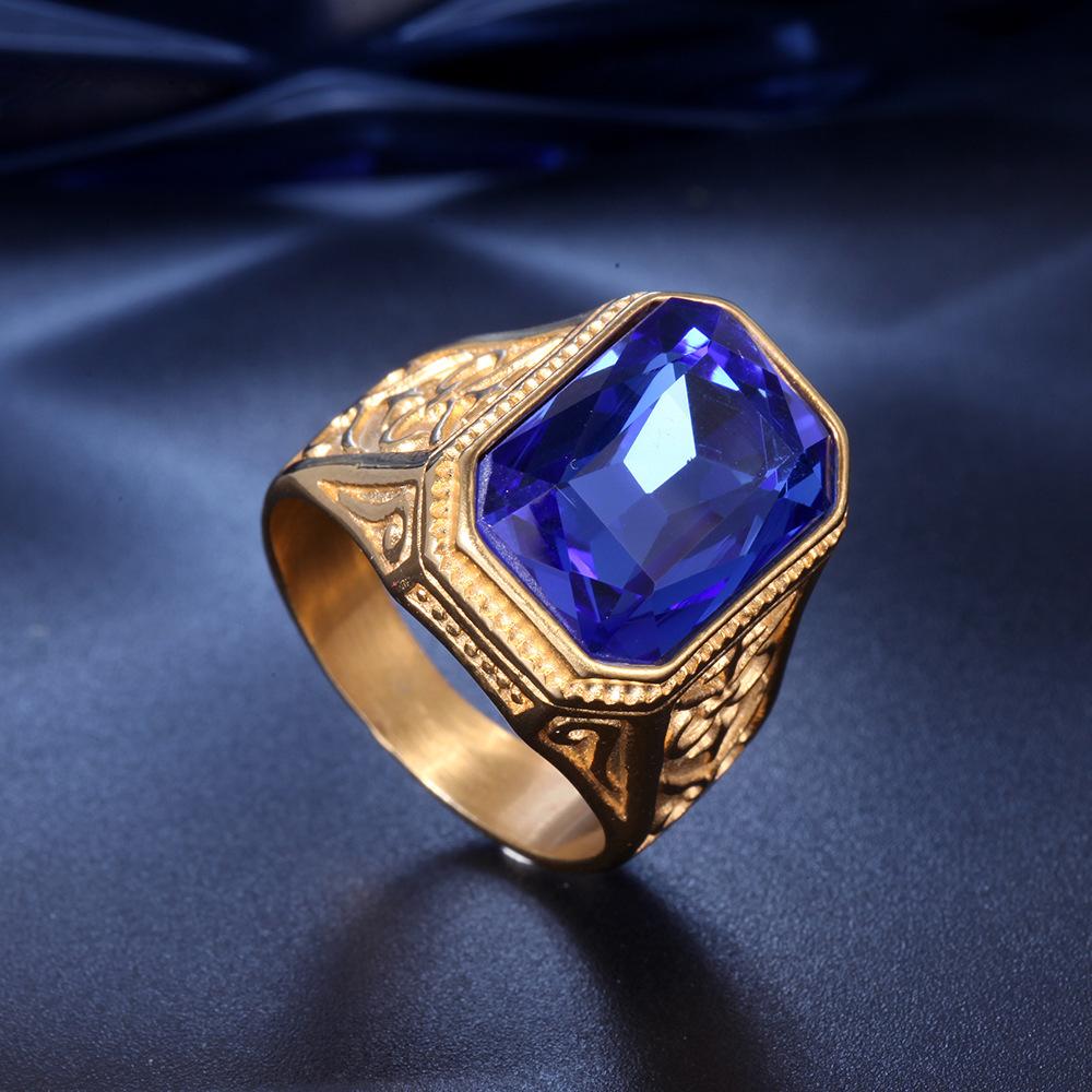 New Men Black Color Hiphop Ring 316L Stainless Steel Green/Red/Blue Rhinestone Stone Ring Rock Fashion Male Jewelry for Man