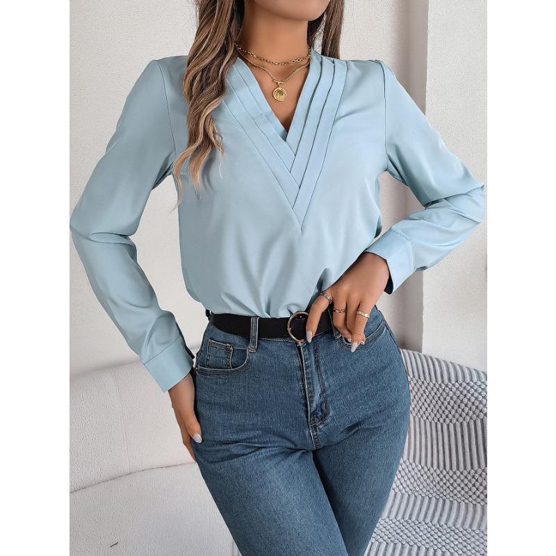 Women's Fall and Winter Elegant Solid Color Layered V-neck Long-sleeved Shirt