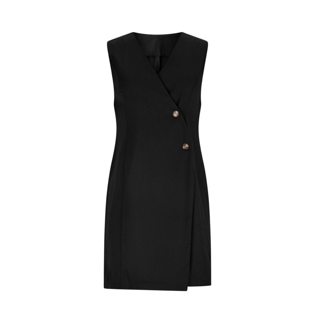 Ärmelloses V-Ausschnitt Wickel Bodycon Kleid mit dekorativen Knöpfen und asymmetrischem Saum für Damen Büroparty