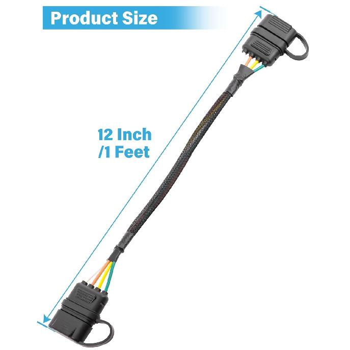 Oyviny 16 AWG 4 Pin Flat Trailer Extension 12 Inch, Vehicle-Side And Trailer-Side 4 Way Connector With Rubber Dust Cover Pure Copper Wire Loom Tubing