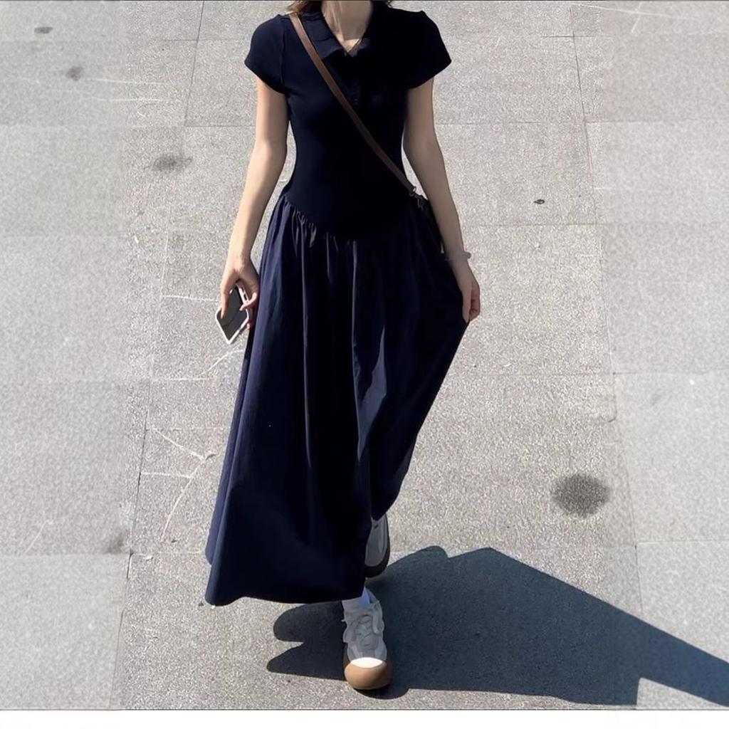 New college style Polo collar waist dress summer new beautiful lazy versatile big swing dress