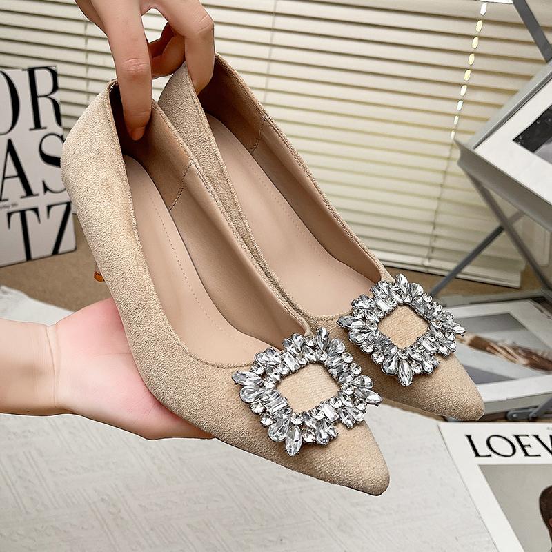 Women Pumps 2025 New Square Buckle Pointed Heels Women Thin Heeled Baotou Banquet High Heels Shoes for Women Zapatos De Mujer