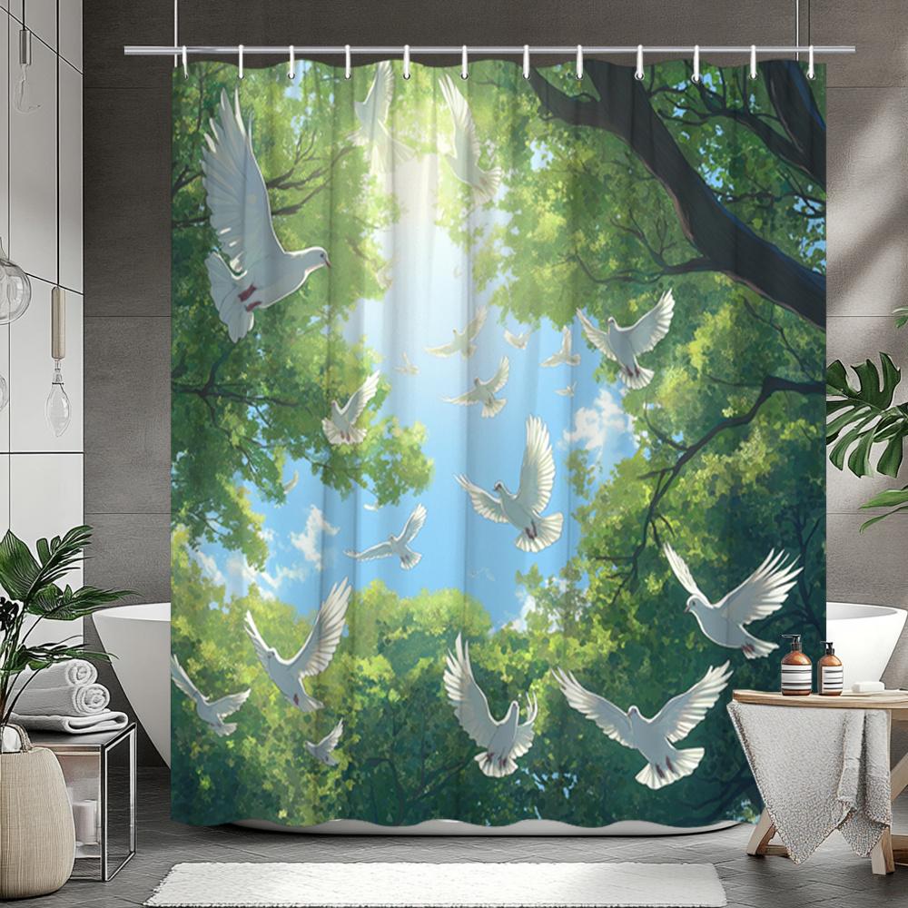

Enhance Your Bathroom with a Waterproof Shower Curtain Featuring Soaring Doves in a Lush Forest for Serenity W90XH180cm