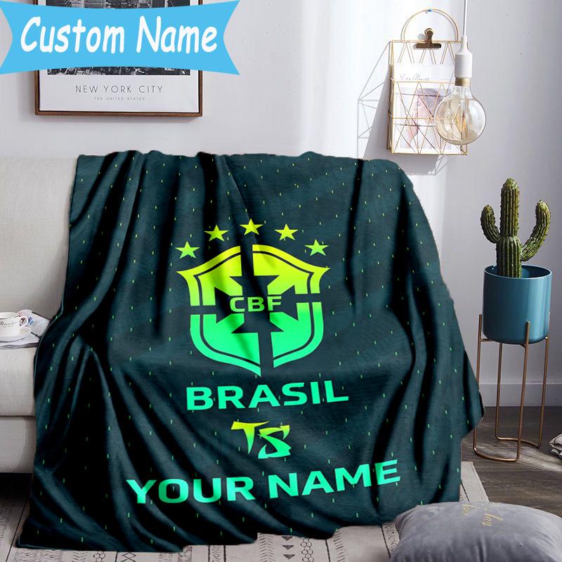 Custom Name Brazilian Football Emblem Flannel Blanket, Use for Birthday/Holiday Gift, Soft Blanket for Sofa/Bed/Camping/Office, Home Decor