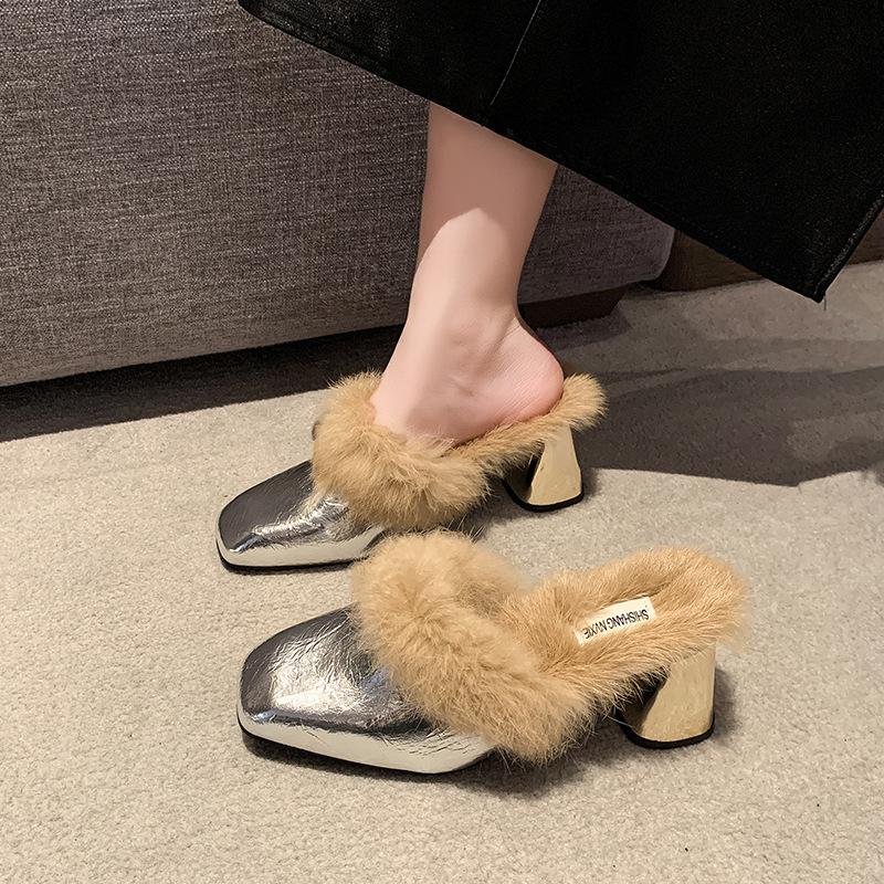 

2025 women s autumn and winter new high-heeled Mao Mao shoes with one pedal, super soft Mao Mao slippers, large size bag head and half slippers, ou 43