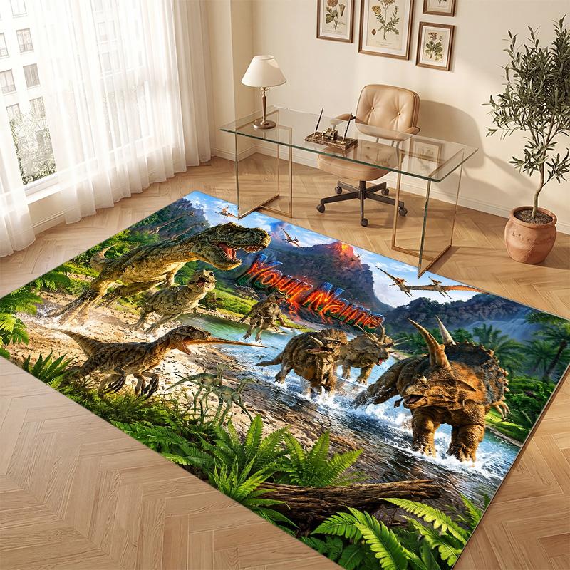 Dinosaur Theme Soft Crystal Velvet Rug Custom Name & Text Print Non Slip Floor Rug for Bedroom Living Room