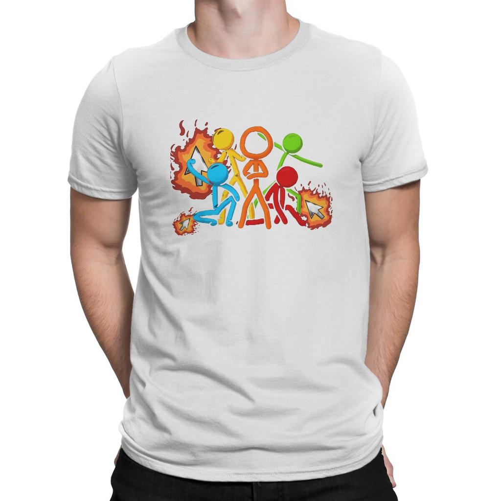 Five Stick Figures with Fire Mouse Pickaxe Unique TShirt Alan Becker Game Casual T Shirt Hot Sale Tshirt For Men Women