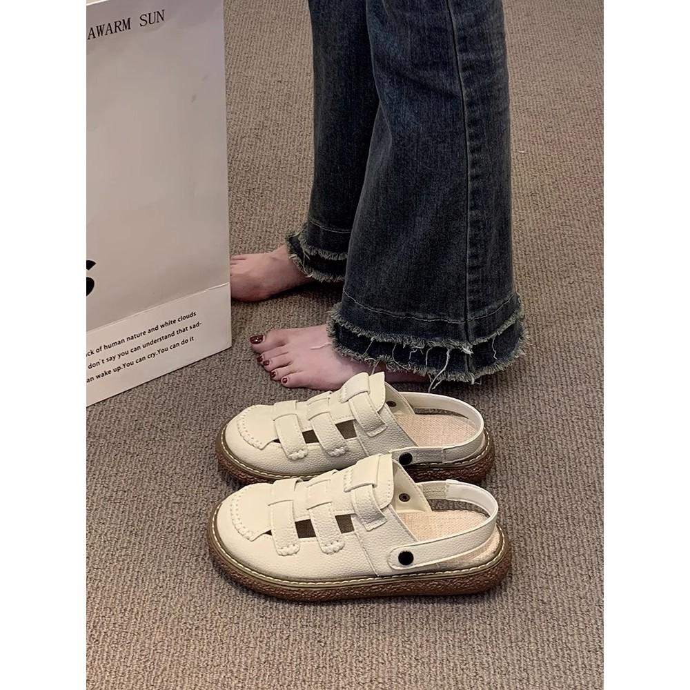 Two wear hollowed-out bag head sandals women's new literary hole hole thick-soled Mori half slippers summer wear