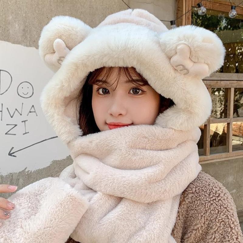 Bear hat women's winter scarf three-piece winter plush hooded integrated thermal gloves ear protection scarf