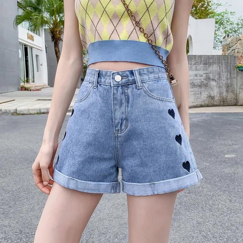 Women Summer Shorts Vintage High Waist Casual Versatile Shorts Slim Solid Color Elegant Embroidery Streetwear Shorts