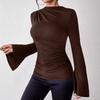 Women's Autumn-Winter Pleated Base Layer Top with Flare Sleeves and Half High Neck
