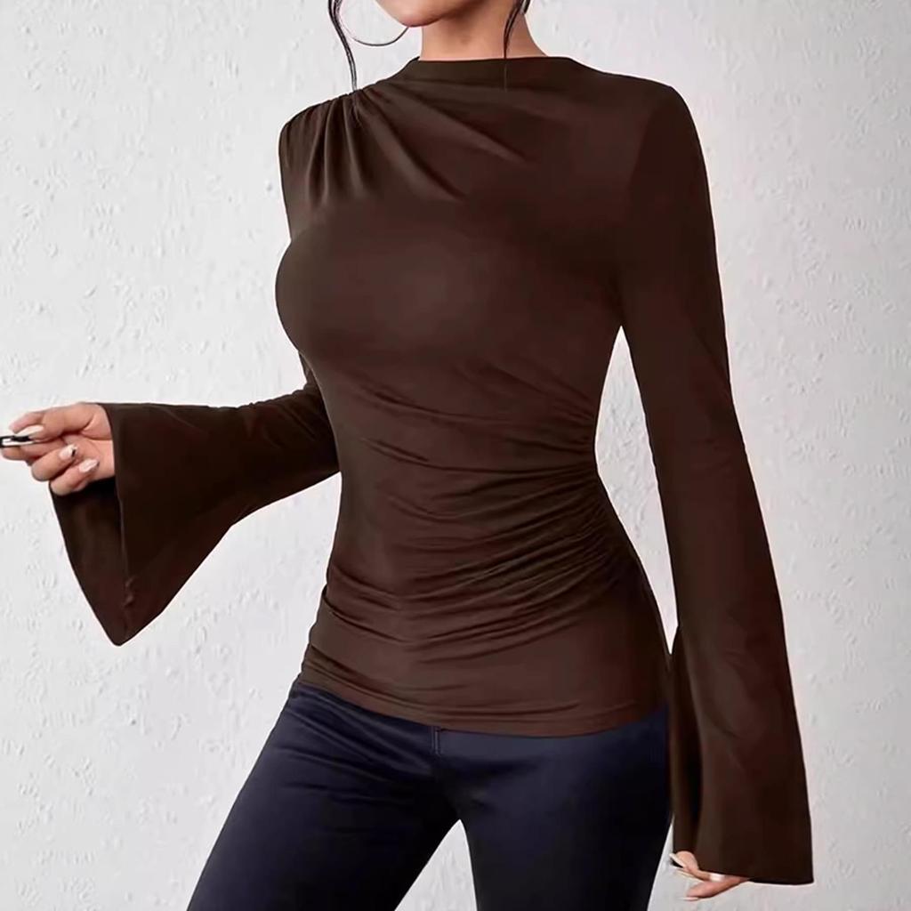Women's Autumn-Winter Pleated Base Layer Top with Flare Sleeves and Half High Neck