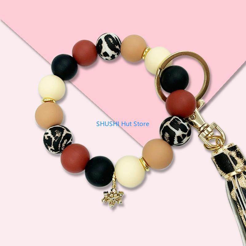 for Key Ring Bracelet Car Keychain Holder for Women Silicone Beaded Bangle Wrist D57B