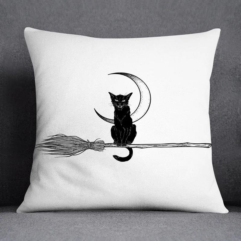 Vintage Dark Gothic Black Cat Throw Pillow Cushion Cover Witch Moon Pumpkin Case Home Sofa Decor Autumn Party Gift Peach Skin