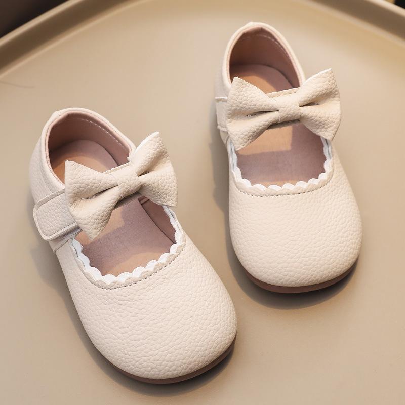 Girls Beige Bow Decor Mary Jane Shoes Velcro Strap Soft Sole Casual Flat Shoes 21 бежевый