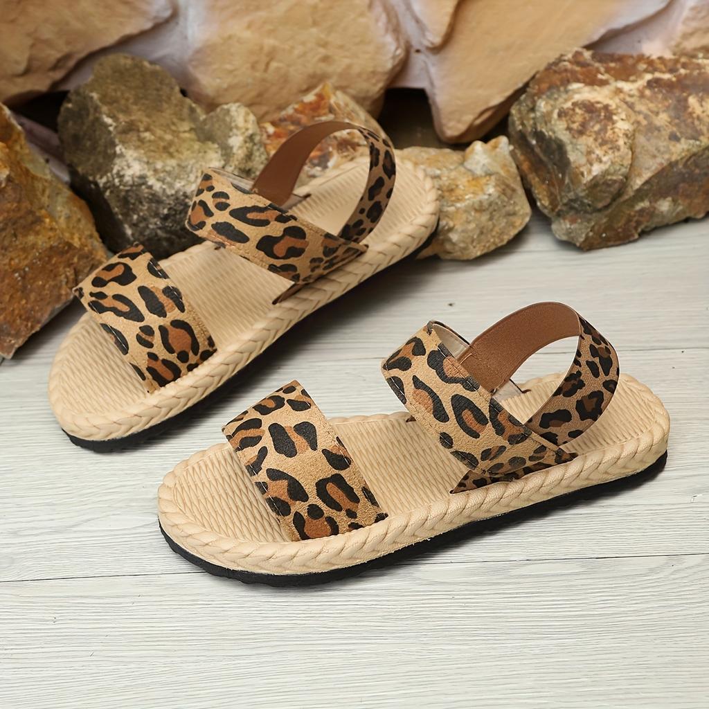 Trendy Leopard Print Women's Plus Size Sandals Summer Ankle Strap Slip-On Open-Toe Casual Shoes with EVA Sole for Beach,
