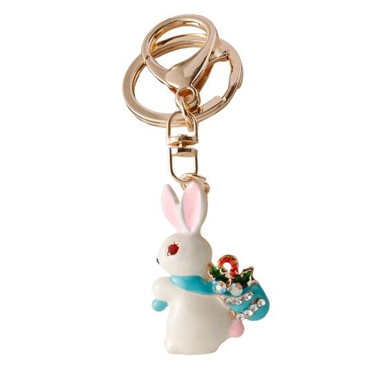 Christmas Keychain Snowman Christmas Tree Stockings Rabbit Shape Key Ring Rhinestones Inlay Key Organizer