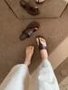 Sheepskin version~ Genuine leather casual sleeve toe flip-flops women's summer wear metal buckle flat bottom pinch slippers beach sandals