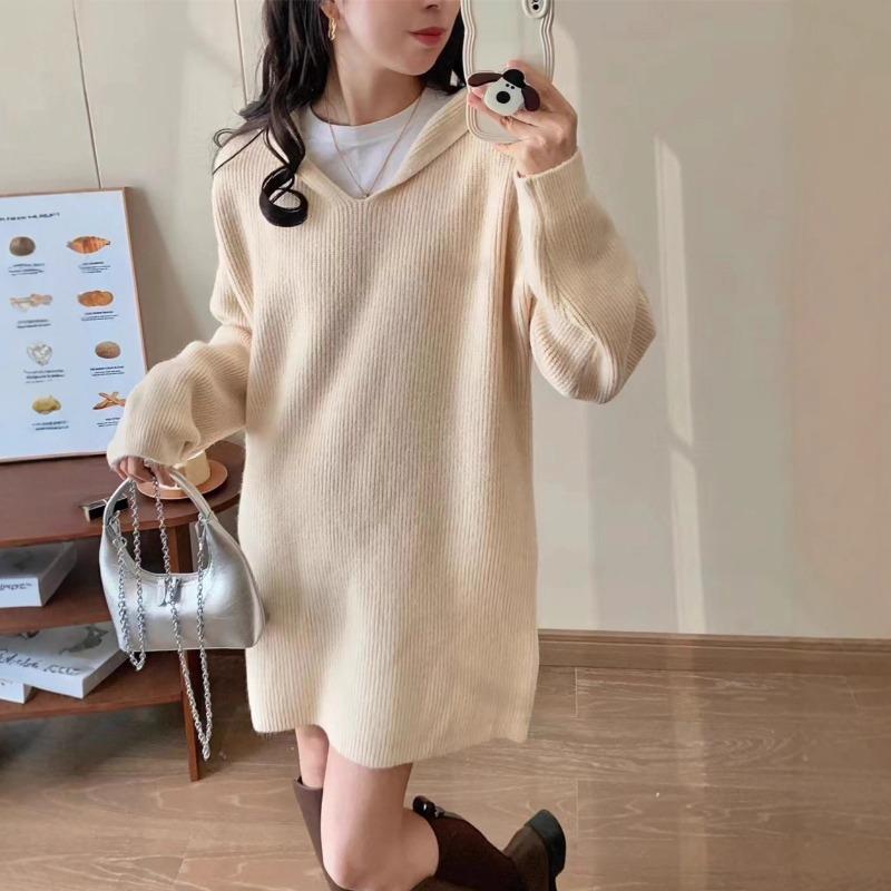 Fashion casual hooded medium and long knitted sweater top women's autumn and winter new loose lazy pullover sweater