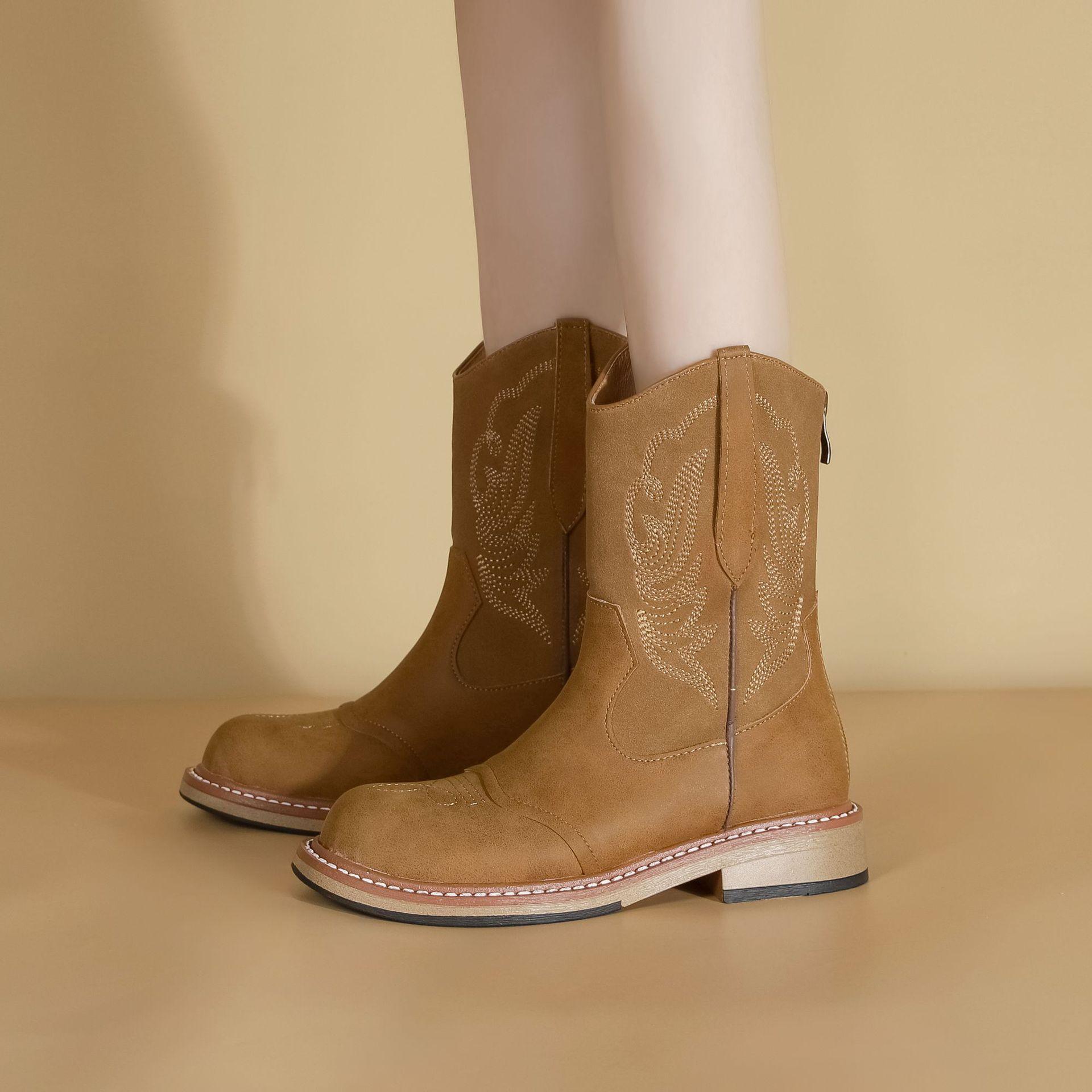 

Grape Mom 2025 новые вышитые ботфорты-чулки средней длины с V-образным вырезом, ковбойские сапоги в западном стиле, ботинки на небольшой толстой подошве с увеличением высоты 39 хаки