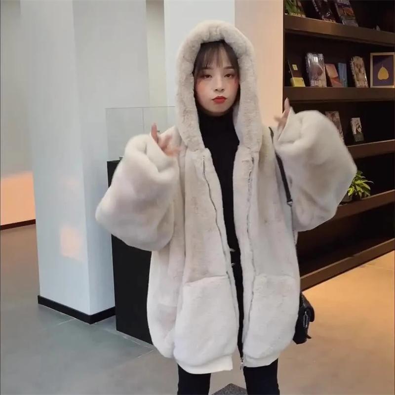 Kožich Hrubý Podzimní a Zimní Jehněčí Plyš Dámský Norkový Kabát Střední délky Módní