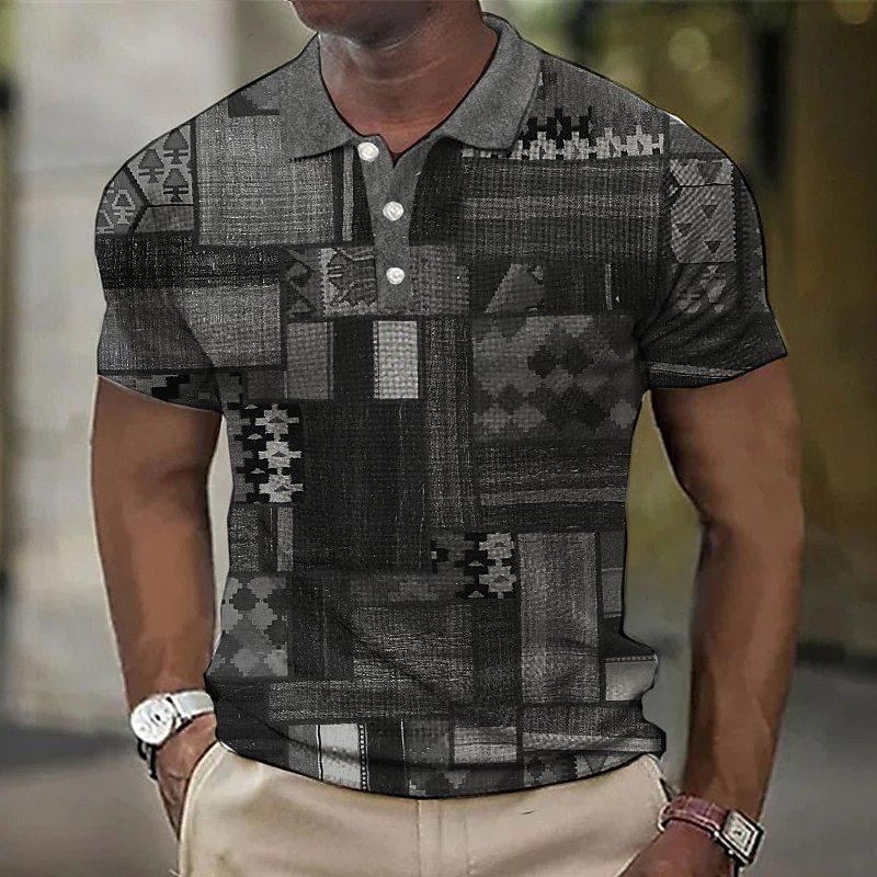 Retro Multi-color Block Splicing 3D Digital Printing Men's Casual Polo Shirt