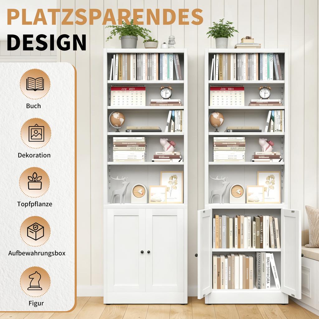 Metal Bookshelf with 5 Levels and Door, Industrial White, Adjustable Shelves, Dimensions H 180 x W 60 x D 23.6 cm, for Living Room, Office and Library
