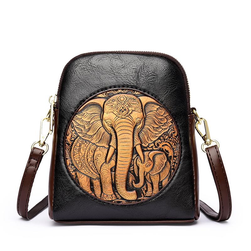 Women's Embossed Elephant Design Crossbody Bag Vintage Leather Shoulder Bag for Daily Use
